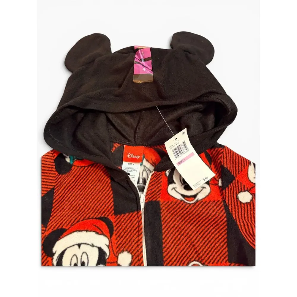 NWT Disney Mickey Christmas Fleece One Piece Pajamas Kids 4 Red Black